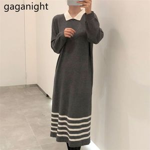 Vintage Casual Luźne Kobiety Proste Maxi Sukienka Z Długim Rękawem Wyłącz Kołnierz Japonia Styl Sukienki Chic Koreański Vestidos 210601