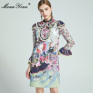 Moda Designer Dress Wiosna Damska Sukienka Z Długim Rękawem Zroszony Ruffles Kreskówki Kwiatowe Dresses 210524