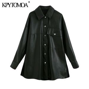 Women Fashion Pockets Oversized Faux Leather Jacket Coat Vintage Long Sleeve Side Vents Female Outerwear Chic Tops 210416