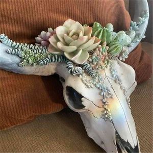 SUCCULENT FLOWER COW SKULL WALL DECOR NURSERY Flowers Garden Ornaments Bull Head Resin Decoration Pendant Wall Decoration Crafts 210727