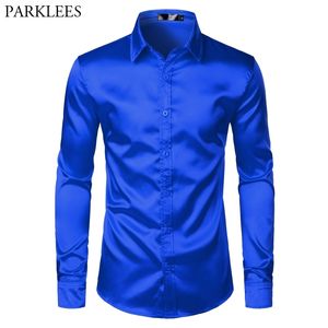 Royal Blue Silk Satin Shirt Män Lyx Märke Slim Fit Mens Klänning Skjortor Bröllopsfest Casual Man Casual Shirt Chemise 210522