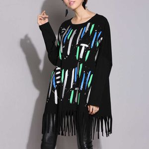 Xitao Tide Back Tassel Kedja T Shirt Kvinnor Fram Stripe Print Lång Batwing Sleeve O Neck Spliced ​​Back Hollow Tops NEW YMT005 X0628