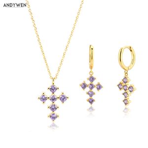 ANDYWEN 925 Sterling Silver Gold Purple Cross Pendant Collana Chain Drop Earring Circle Hoop Luxury Women Jewelry Crystal