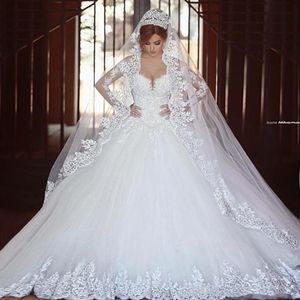 Saidmhamad Long Sleeves Lace Applique Crystals Ball Gown Wedding Dresses Chapel Train Amazing New Bridal Gowns