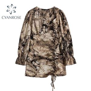 Tie Dye Streetwear Crop Dress Women O Neck Draped Drawstring Lace Up Short Frocks Female Flare Long Sleeve Party Club Jupe 210515