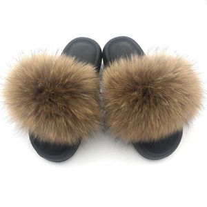 Fur Slides For Women Fluffy House Slippers Flip Flops Women Shoes Wholesale Big Size 44 45 Luxury Real Fox Fur Platform Slippers Y0902