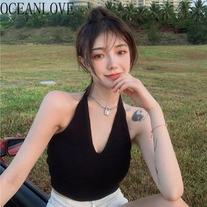 Summer Women Solid Halter Bandage Backless Sexy Camis Knitted V Neck Ropa Mujer Korean Tank Tops Short 210415