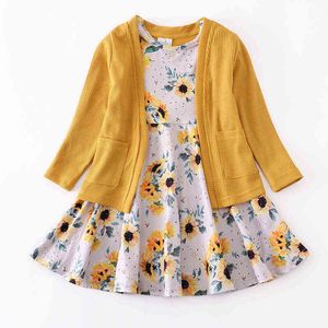 Girlymax 2 Sztuk Dziewczynek Dzieci Dzieci Odzież Mleka Jedwabna Kwiatowy Drukuj Twill Dress Musztarda Wafel Tkanina Cardigan Kolano Długość Długie Rękaw G1218