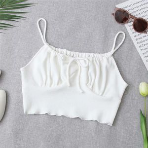 Femininas EVfer Spring Moda Drawstring Elastic Malha Branco Curto Sling Tops Chic Lady Casual Sem Mangas Cintura alta Camis 210421