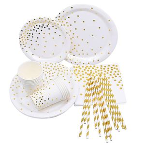 Disposable Dinnerware Gold Dot Series Tableware Paper Plates Cups Straws Baby Shower Birthday Party Decorations Wedding Supplies