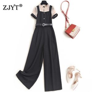 Sommar Runway Mode Elegant Kortärmad Patchwork Black Jumpsuits Womens Rompers Office Lady Wide Ben Full Length Pants 210601