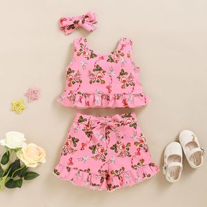 2021 Yenidoğan Bebek Kız Giysileri Setleri Summre Bebek Yürüyor Çocuk Giyim Seti Kolsuz Tops + Şort + Kafa 3 adet Çiçek Baskı Kıyafet 0-18 M