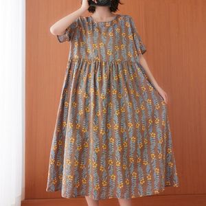 Mulheres Algodão Linho Vestido Casual Nova Chegada Verão Vintage Estilo Floral Impressão Solta Confortável Feminino Longo Vestidos S3610 210412