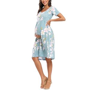 Kvinnors Blommor Kortärmad Loose Maternity Dresses Graviditet Kläder Sommar Casual Mjuk midja Pläterad Skriv ut Knälängd Klänning 210721