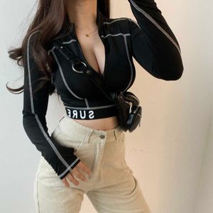 Sommermode Damen Schwarz Sexy Geometrische V-Ausschnitt Reißverschluss Slim Vollarm T-Shirt Mädchen Weibliche Tops Korea Frauen E199 210603