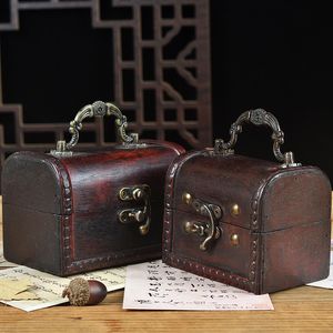 Retro-Schmuckkästchen Mini-Holz-Nostalgie-Aufbewahrungskoffer Handgefertigte Ornament-Holzkiste Tragbare handgehaltene Vintage-Box im europäischen Stil WMQ1164
