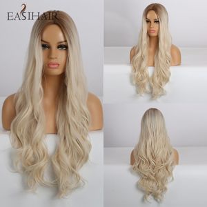 Lange gewellte hellblonde Ombre-Synthetik-Perücken für Frauen, Cosplay, mittlerer Teil, gewellte Perücken, natürliches Haar, hitzebeständig, direkt ab Werk