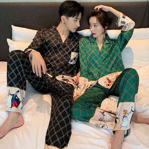 Unisex vuxen par pyjamas sommar långärmad 2 stycken is silke kvinnlig tecknad pyjamas set långärmad män hem service kostym 211104