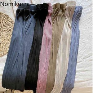 Nomikuma koreański styl szerokie spodnie nogi kobiety stałe kolor stretch wysokiej talii spodnie kobiety casual proste luźne pantalones femme 210514