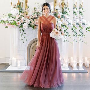 2022 Graceful A Line Bride Dresses Criss-Cross Pleats Bohemian Bridemaid Gown Ruched Floor Length Tulle Wedding Guest Dress