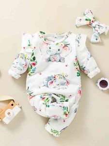 Baby Elephant e Floral Impressão Plissado Jumpsuit de acabamento com headband ela