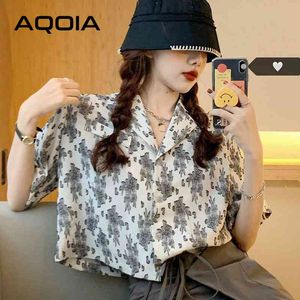 Elegant Short Sleeve Floral Printing Women Blouse Button Up Turn Down Collar Womens Tunic Shirt Summer Fashion Female Tops 210521