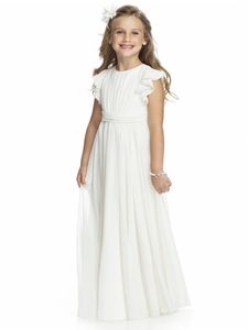 Ivory Chiffon Long Floor Length Flower Girls Dresses For Weddings A Line Short Sleeve Custom Made First Communion Gowns