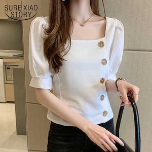 Vintage Linen Cotton Shirt Women's Blouses Korean Slim Ropa De Mujer Puff Sleeve Solid Button Shirts Short Sleeve Top 9637 210527