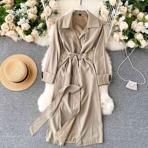 Mulheres Vintage Vestido Sólido Coreano Gire para baixo Collar Manga Longa Sashes Um vestido de linha Outono MIDI Vestido Longo 210419