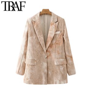 TRAF Kadınlar Moda Kravat Boya Baskı Kadife Blazer Ceket Vintage Uzun Kollu Cepler Kadın Giyim Kentleri Şık Tops 210415