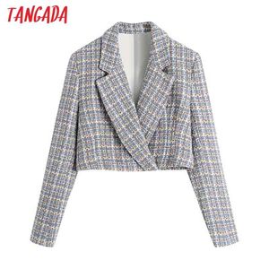 Moda Mulheres xadrez Tweed Cropped Blazer Casaco Longo Manga Feminina Outerwear Be614 210416