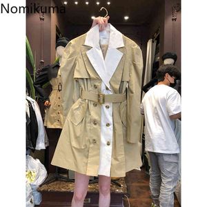 Nomikuma Höst Kvinnor Jacka Koreansk Kontrastfärg Patchwork Elegant Coat Belt Slim Midja Dubbelbröst Jackor 6c681 210427