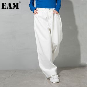 [EAM] High Elastic Waist White Casual Long Wide Leg Trousers Loose Fit Pants Women Fashion Spring Summer 1DD8338 210512