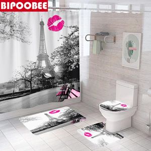 Duş perdeleri dudak baskısı Eyfel Tower Banyo 3D Modern Perde Kaide Halı Tuvalet Kapak Kapağı Slip Banyo Mat Seti Ev Dekor
