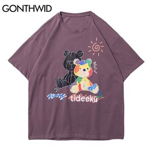 Harajuku Tees Рубашки Граффити Мультфильм медведь Печать Случайные Свободные Футболки Хип-Хоп Уличная Обувь Футболки Мужчины Короткие Вершины Рукав 210602