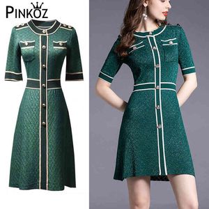 CCstyle slim elegant office lady green plaid kniiting dresses buttons chic French mini o-neck casual work dress vestidos 210421