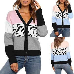 Roupas de inverno Mulheres Blocking Patchwork Sweathers Senhora Botão V-Pescoço Cardigan Leopard Casual Plus Size Mujer 210604