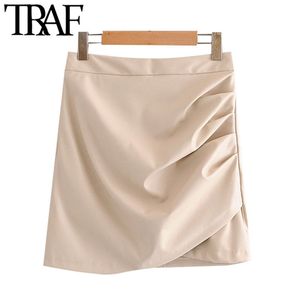 TRAF Women Chic Fashion Faux Leather Pleated Mini Skirt Vintage High Waist Back Zipper Female Skirts Mujer 210415