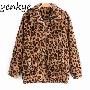 Fall Women Vintage Leopard Jacket Long Sleeve Lapel Collar Zipper Casual Winter Jackets Female Plus Size Outerwear chaqueta 210514