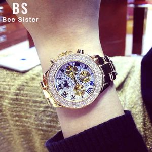 Wysokiej jakości luksusowe kryształowe zegarki Diamond Women Gold Watch Zegarek ze stali nierdzewnej Sukienka Wristwatch Samica Zegar 210527