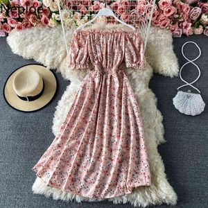 Neploe Vestido De Mujer Slash Boyun Kapalı Omuz Şifon Elbise Yaz Yüksek Bel Slim Fit Puf Kollu Çiçek Ince Elbiseler 210422