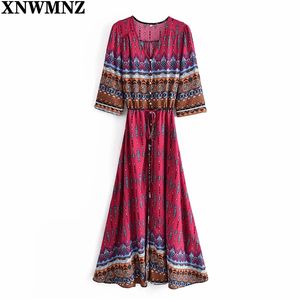 Bohemian Printing Long Dress Women Maxi Blommigryck Retro Hippie Chic Etnisk stil Kläder Boho 210520