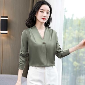 Korean Silk Women Blouses Shirt Long Sleeves Shirts Woman V-neck Blouse Satin Tops Plus Size Ladies 3XL 210604