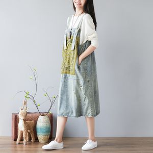 Johnature Japão Estilo Vestido de Verão Straight Imprimir Bolsos Sem Mangas Calças de Jeans Vestido Joelho-Comprimento Vintage Strap Mulheres Vestido 210521