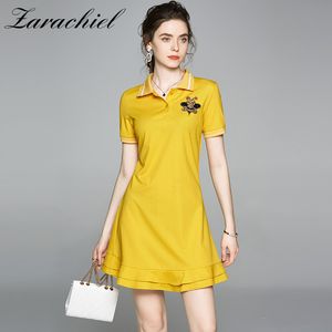 夏のファッション蜂のスパンコールのターンダウン襟ロングTシャツのドレス女性のカジュアルな半袖フリル裾人魚vestidos s-xxl 210416