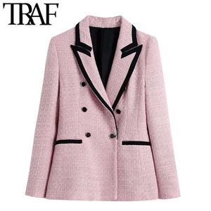 TRAF Kobiety Moda z rurociągami Patchwork Tweed Blazer Płaszcz Vintage Z Długim Rękawem Welt Kieszenie Kobiet Odzież wierzchnia Chic Veste 211122