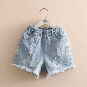 Новый горячий летний мода 3 4 6 8 10 12 лет детская одежда вышивка цветок дети детское жемчужное отверстие джинсовые шорты для девочек 210414