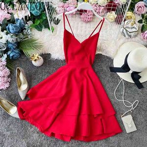 Styl Beach Woman Sukienka Solid V Neck Ruffles Letni Sext Bandaż Bow Vestidos Backless Koreański Femme szaty 210415