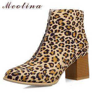 Autumn Ankle Boots Women Leopard Chunky High Heels Short Zipper Round Toe Shoes Ladies Winter Red Plus Size 34-46 210517