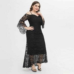 Casual Dresses Autumn Fashion Black Elegant Flared Sleeves Spring Party Large Size Lace Evening Mermaid Dress Lady Ropa De Mujer Birthday 4X
